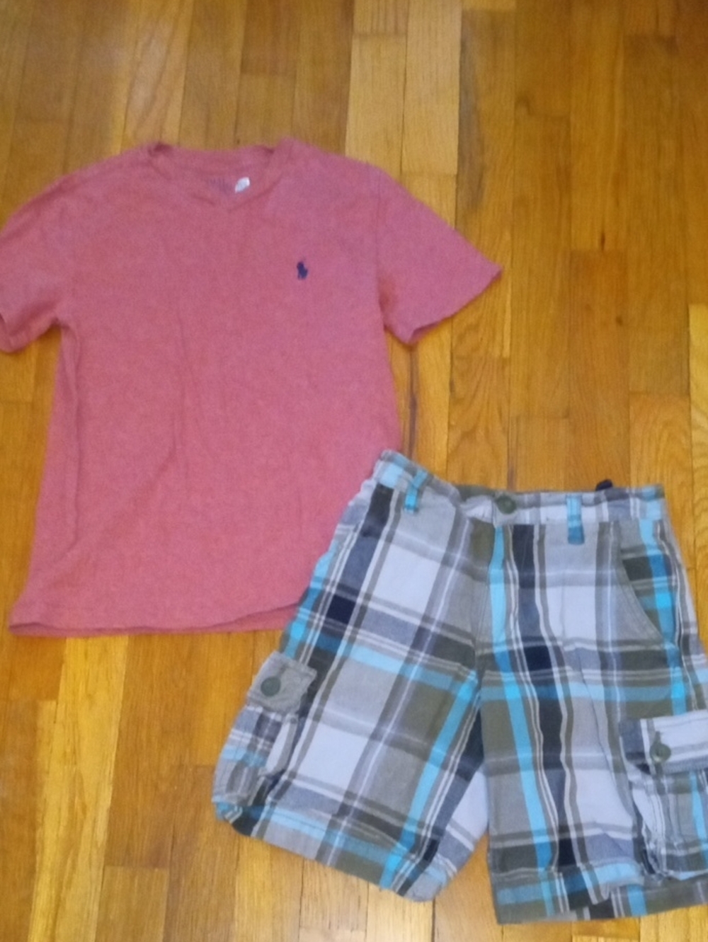 boys 8 plaid cargo shorts and red short sleeve tee POLO